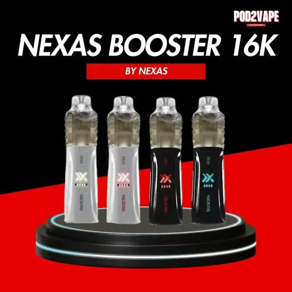 Nexas booster 16k พอตใช้แล้วทิ้ง มีระดับนิโคตินให้เลือกใช้งาน เครื่องโปร่งใสเห็นน้ำยา