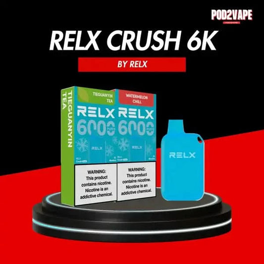 Relx crush 6000 puffs พอตสีฟ้า รสชาติผลไม้หลากหลาย พอตใช้แล้วทิ้ง